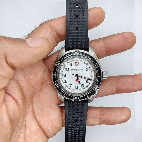 Vostok Koandirskie with new black waffle watch strap after watch strap install