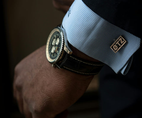 Black Leather Watch Strap with White Trim The Thrifty Gentleman worn by Man with blue shirt and suit