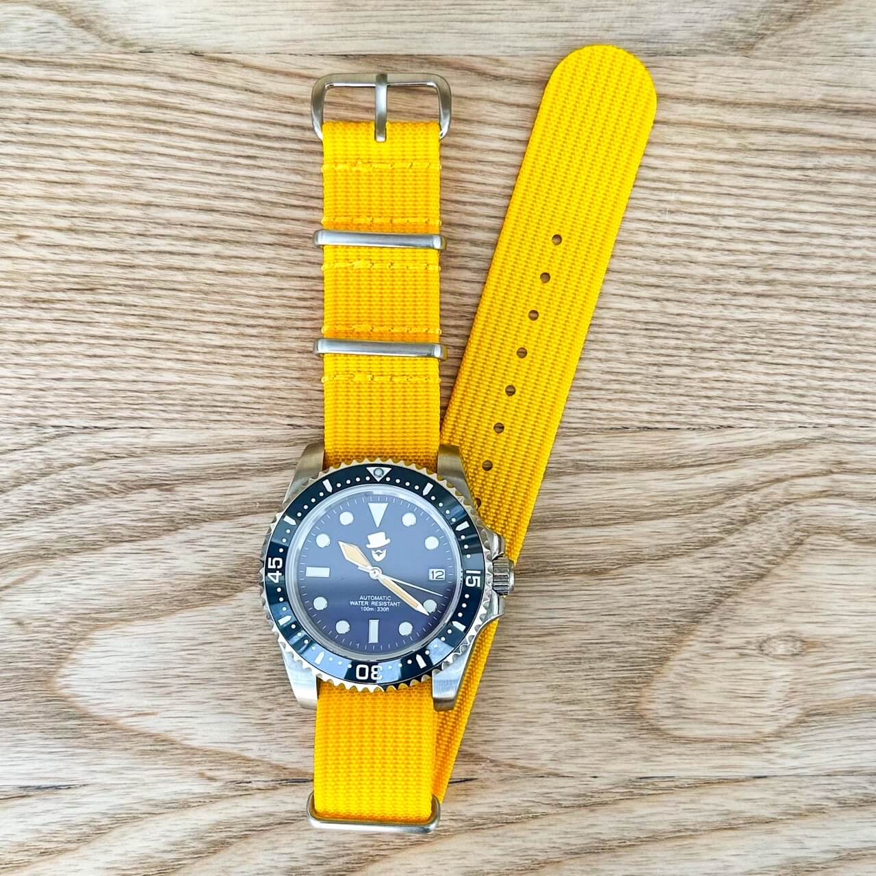 Dive Watch Mod Built By Jonathan On Ribbed NATO Watch Strap In Yellow From The Thrifty Gentleman