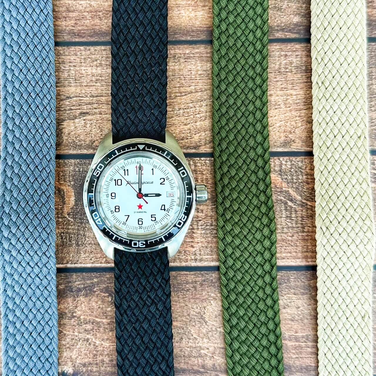 Perlon Watch Straps In Grey, Black, Green Or Khaki On Vostok Watch From The Thrifty Gentleman
