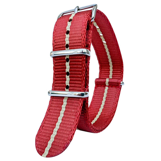 Seatbelt NATO Military Style Watch Strap Red And Beige 20mm 22mm The Thrifty Gentleman