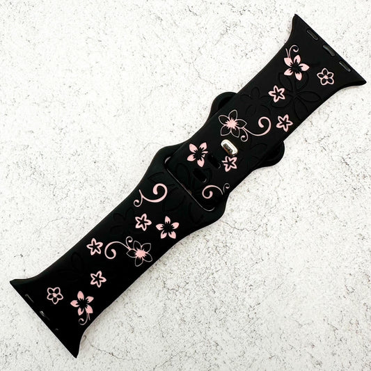 Silicone Floral Engraved Strap For Apple Watch In Black And Pink 1
