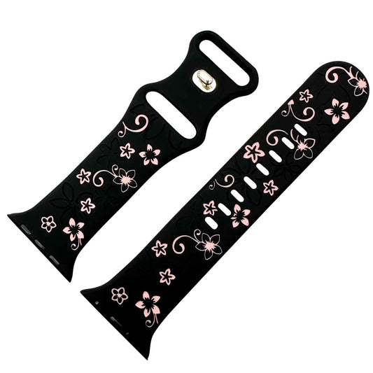 Silicone Floral Engraved Strap For Apple Watch In Black And Pink From The Thrifty Gentleman