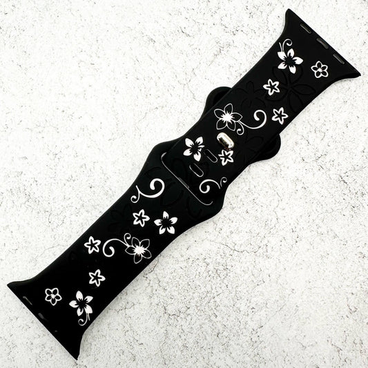 Silicone Floral Engraved Strap For Apple Watch In Black And White 1