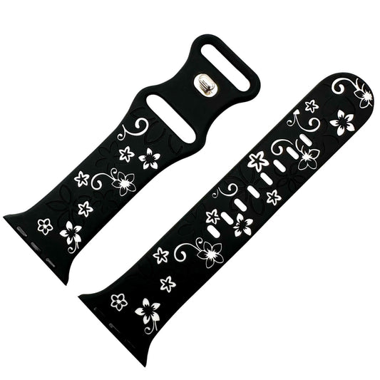 Silicone Floral Engraved Strap For Apple Watch In Black And White From The Thrifty Gentleman