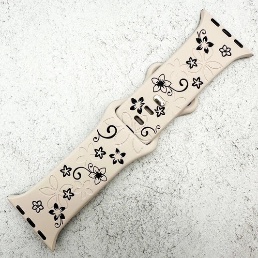 Silicone Floral Engraved Strap For Apple Watch In Starlight White And Black 1