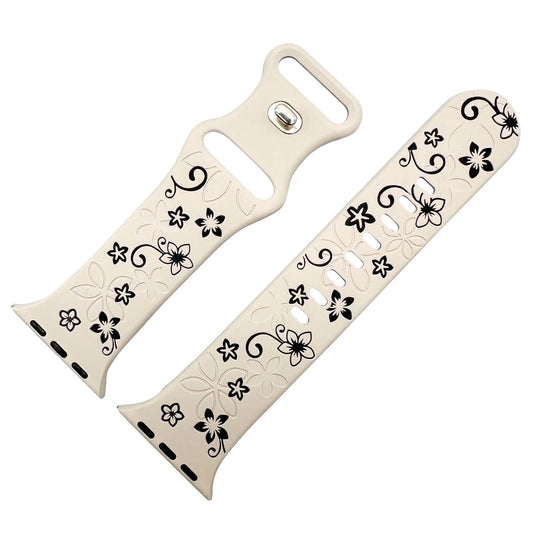 Silicone Floral Engraved Strap For Apple Watch In Starlight White And Black From The Thrifty Gentleman