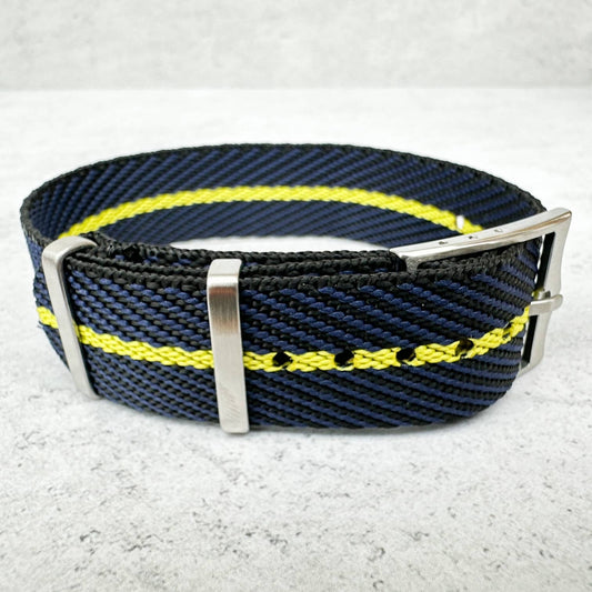 Twill NATO Single Pass Watch Strap Dark Blue Yellow 2