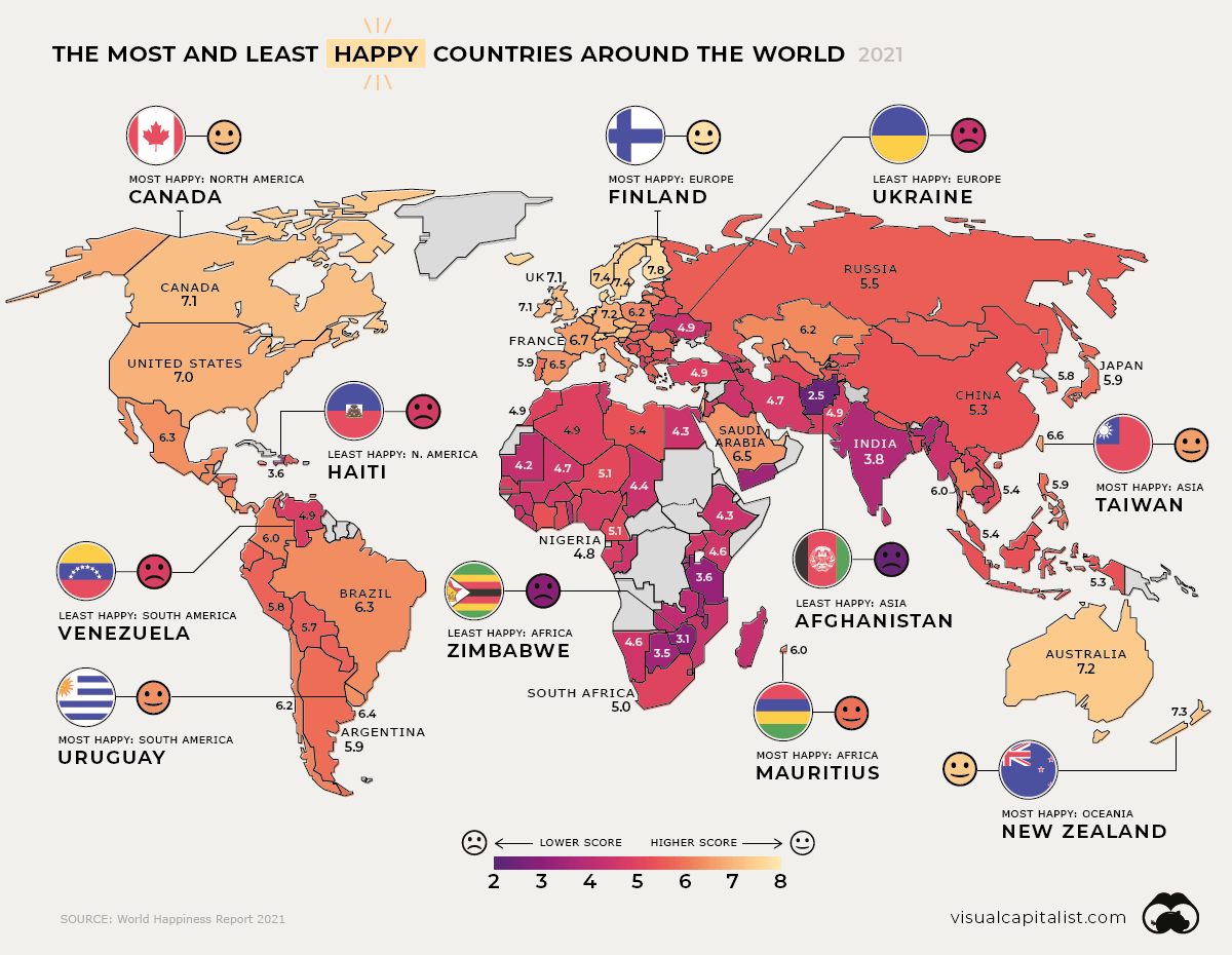 Global Happiness Levels in 2021 in Map