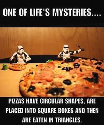 Circle pizza in square box and triangle slice meme