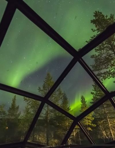 Aurora or northern lights, a natual phenomena, can be visible from Glass Igloo rooms